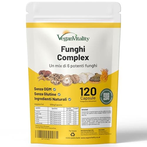 Vegan Vitality Integratore di 6 Funghi: Reishi, Lions Mane, Cordyceps, Chaga, Shiitake e Maitake - 120 Capsule da 500mg – Formula Concentrata