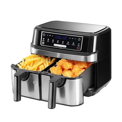 Friggitrice ad Aria Doppio Cestello, 9L Air fryer 2600W, Friggitrice Senza Olio XXL con 2 Cestelli Indipendenti da 4,5L, 8 Programmi, Air fyer con Touchscreen LED, Smart Finish & Match Cook