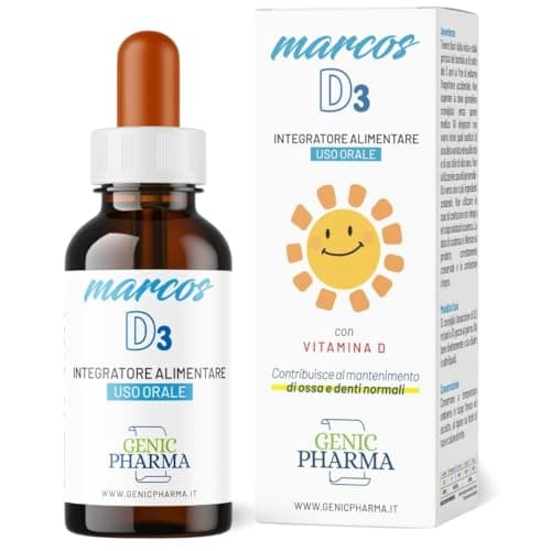 Marcos Vitamina D Bambini Supporta la Crescita e lo Sviluppo nei bambini, Integratore pediatrico 15 ml con Vitamina D3 bambini e vitamina E in gocce, per Ossa e Denti. Vitamine per Bambini