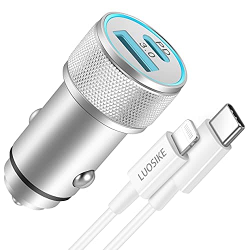 LUOSIKE Presa USB C per Auto con Cavo Lightning da 1m, Adattatore Accendisigari da 20W con PD e QC3.0, Caricatore/Caricabatterie Rapido Compatibile con iPhone 14/13/12/11/Pro Max/mini/SE 2020 e Altri