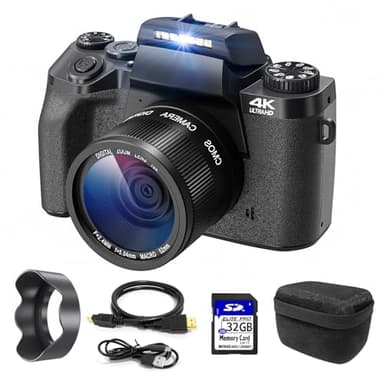 Fotocamera digitale 4K, CCN 64MP Fotocamera con schermo touchscreen da 3,0", fotocamera compatta con zoom digitale 16X e funzione WiFi, con cappuccio per borsa fotografica, scheda TF da 32 GB, nero
