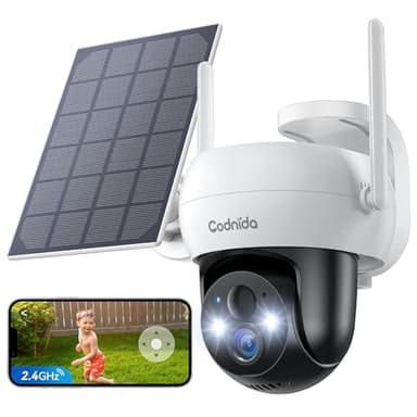 Codnida 2K Telecamera Wi-Fi Esterno Senza Fili con Pannello Solare, 360° PTZ Videocamera Sorveglianza a Batteria con Rilevamento del Movimento, Visione Notturna a Colori, Allarme Sonoro e Luminoso,Q02