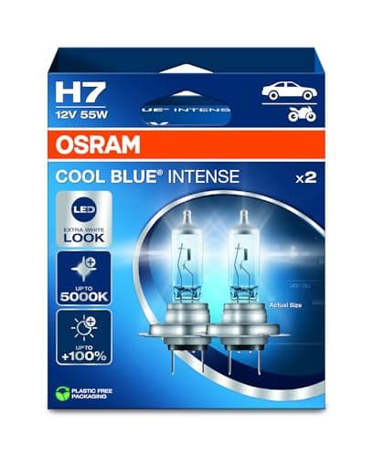 OSRAM COOL BLUE INTENSE H7, +100% di luminosità in più, fino a 5.000 K, lampada frontale alogena, aspetto LED, scatola pieghevole sospesa (2 lampade)