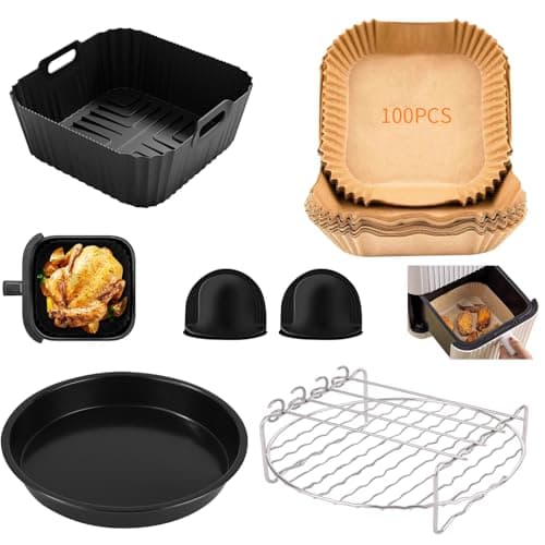 Zaxiva 22CM Teglia per Friggitrice ad Aria, 6PCS Misura per Ninja AF140, COSORI 5,5L 4,7L, Cecotec 6L, con la Pizza Pan, Quadrati Teglia per Friggitrice ad Aria, Griglia, Carta Friggitrice ad Aria