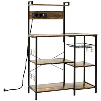 HOMCOM Scaffale da Cucina con Multipresa, Mobile Cucina per Microonde con Ripiani e Cestino a Rete Stile Industriale, 90x42x130cm, Marrone