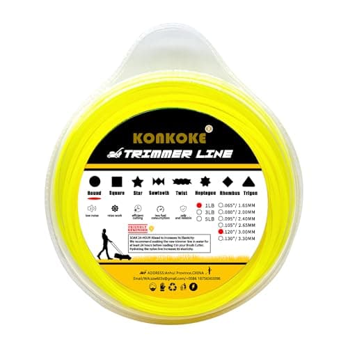 konkoke Filo decespugliatore 3,0mm,Filo Linee in Nylon per Tagliaerba (⌀3.0mm-50m-450g, Giallo Colori/Rotondo)-Immergere 24 Ore in anticipo per aumentarne l'elasticità