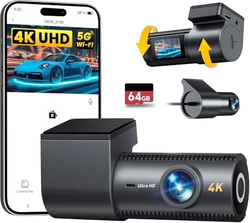 CIEVIE 4K Dash Cam Auto con Scheda 64GB, 3,8cm Display IPS Dash Cam per Auto, 170° Grandangolo, 5Ghz Controllo delle App, Visione Notturna, G-Sensor, 24H Modalità Parcheggio, 4K+1080P Dashcam