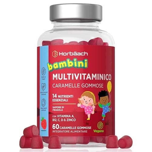 Multivitaminico Bambini Caramelle Gommose | 60 Gummies | 14 nutrienti essenziali con vitamina A, B12, C, D e zinco | Kids Multivitamin | by Horbaach