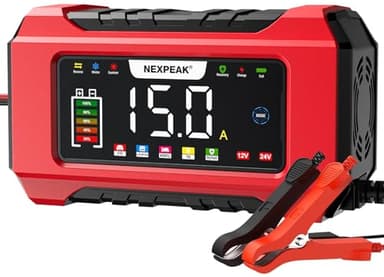 15A Caricabatteria da Auto, 12V 15A/24V 8A Caricabatterie Intelligente Completamente Automatico con Compensazione della Temperatura per Batterie Piombo-Acido e LifePO4 per Auto, Camion, Moto, Tosaerba