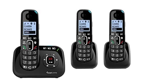 Amplicomms per Delta 3 Telefoni Cordless TRIO Amplificato per Anziani Suoneria 90dB Volume 35dB Segreteria Telefonica Call Blocco chiamate indesiderate Tasto Black List Vivavoce Tasti Grandi
