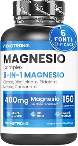 MAGNESIO COMPLETO 400mg - 5 in 1 Magnesio - Magnesio Bisglicinato + Magnesio Citrato + Magnesio Pidolato + Malato e Carbonato – Integratore Magnesio Antistress