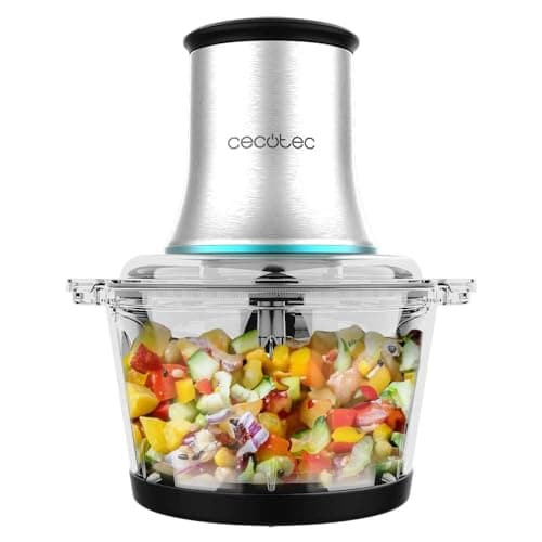 Cecotec Tritatutto ChopBeat 2000 Vindaloo Glass, 500W di Potenza, Tritura, Taglia e Affetta, Lama con 4 Lame in Acciaio Inossidabile, 2 Velocità, Ciotola in Vetro da 500g