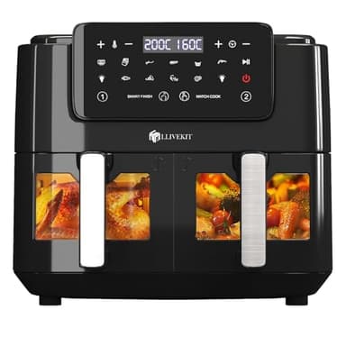 LLIVEKIT Friggitrice ad Aria a 2 Cestelli, Air Fryer da 9L, Friggitrice senza Olio con Display LED, Finestre Visibili, 10 Funzioni, Cottura e Finitura Sincronizzate, da 50-200oC, 2400W, Nero