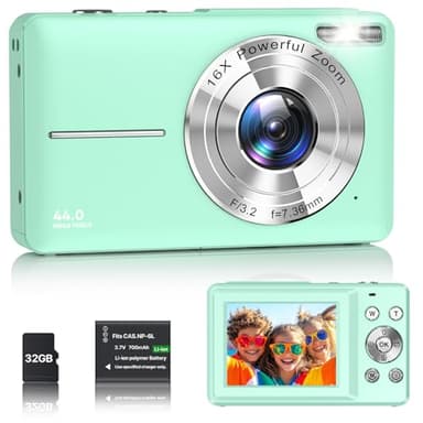 Macchina Fotografica Digitale 1080P Fotocamera 44MP Macchina Fotografica Compatta con Schermo LCD da 2,4", Zoom Digitale 16x, Scheda di Memoria Micro 32G, 1 Batteria per Bambini, Adolescenti - Vert