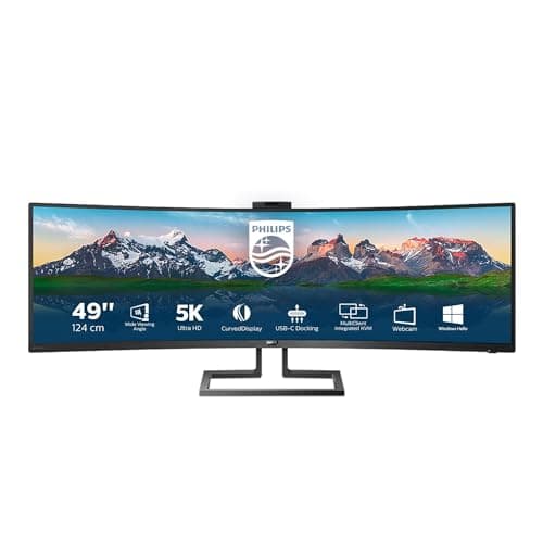 Philips Monitor Curvo 49", 499P9H, Gaming Superwide 32:9, risoluzione 5120 * 1440, Adaptive Sync, HDR 400, Multiview con KVM Switch integrato, Docking station USB-C, Microfono, Low Blue, Vesa, Nero