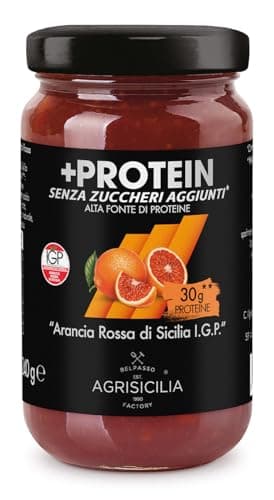 Agrisicilia +Protein Marmellata di Arancia Rossa Siciliana I.G.P. alta fonte di Proteine e senza zuccheri aggiunti con frutta di alta qualità vasetto da 240 grammi ottima per colazione e merenda
