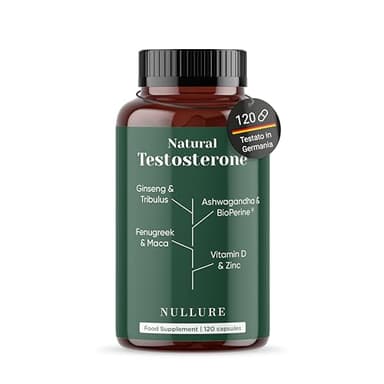 Nullure Testosterone Naturale per Uomo | Vegano | Tribulus Terrestris + Maca + Ashwagandha + Zinco + Ginseng + Fenogreco + Zinco + Vitamina D + Bioperine |120 capsule (2 mesi)
