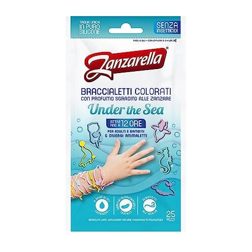 Zanzarella, 25 Braccialetti Antizanzare Under the Sea, in Silicone 100% Riciclabile, con Repellente per Zanzare A Base di Oli Naturali, Attivi Fino a 12 Ore, 5 Diversi Disegni Colorati, Taglia Unica