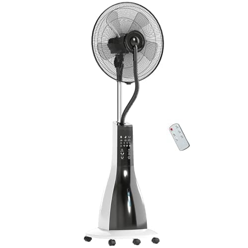 HOMCOM Ventilatore Nebulizzatore con Serbatoio da 3L, 3 Modalità e 3 Velocità, Ventilatore a Piantana con Ruote, Oscillazione 75°, Inclinazione 15°, Timer 7.5h, Display LED e Telecomando, 90W, Ø50cm
