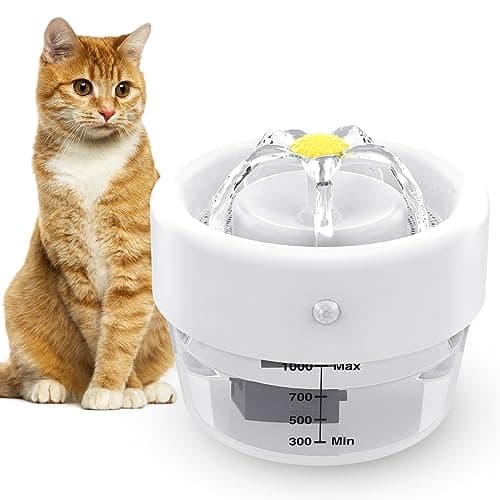Jewyow Fontana per Gatti Senza Fili, 1 L Fontana per Gatti Automatica Ultra Silenziosa, Fontana per Gatti Alimentata a Batteria da con Rilevatore di Movimento,1000 mAh, 25s, per Gatti e Cani