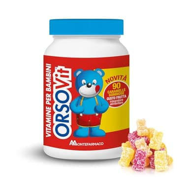 ORSOVIT Multivitaminico Bambini, Caramelle Gommose con Vitamina C, Vitamina D, Vitamina B, Acido Folico - Senza Glutine, Gusto Frutta (90 Caramelle Gommose a Forma di Orsetto)