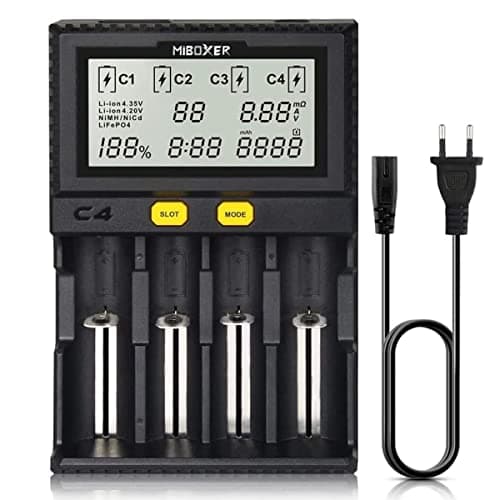 Caricabatteria 18650, Caricatore Universale a 4 Alloggiamenti MiBOXER Smart, Display LCD Automatico, Ricarica Rapida Li-ion LiFePO4 Ni-MH Ni-Cd AA AAA C 18350 18500 18700 20700 21700 RCR123