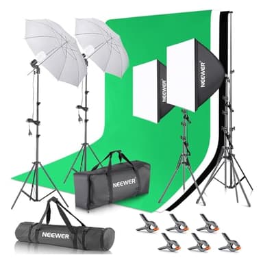 NEEWER Kit di Illuminazione per Fotografia con Supporto per Fondale 2,6x3 m, Lampadine LED 5700K Equivalenti a 800W Ombrello Softbox Illuminazione Continua, Attrezzatura per Prodotti Ritratti