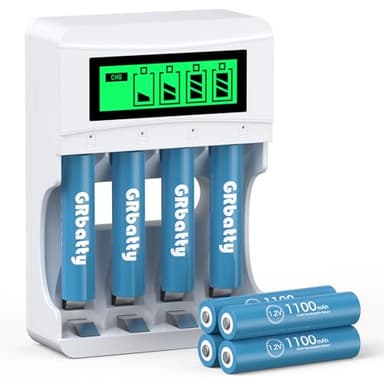 GRbatty Batterie Ricaricabili AAA 1100mAh Ad Alta Capacità 1.2V NIiMH Confezione da 8,4 Slot LCD Caricatore Indipendente per AA e AAA NiMH Pile Ricaricabili