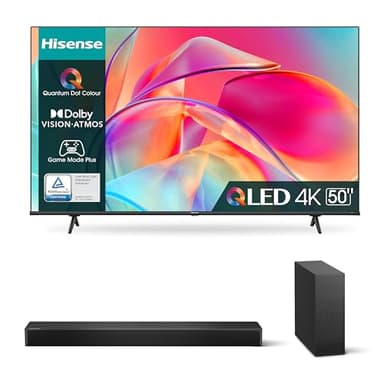 Hisense 50" QLED 4K 2023 50E77KQ, Smart TV VIDAA U6, Dolby Vision, HDR 10+ 4K HS2100 Soundbar 2.1, 240W, Subwoofer Sottile Esterno wireless,