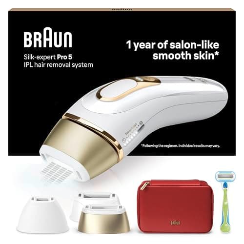 Braun Silk·expert Pro 5 Epilatore LUCE PULSATA, Epilazione A Casa, Alternativa All’Epilazione laser, Con Custodia, Rasoio Donna Venus, 3 Testine, Idea Regalo, Bianco/Oro, PL5262