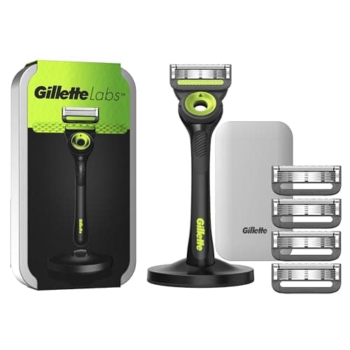 Gillette LABS RASOIO UOMO, con 5 LAMETTE DA BARBA di Ricambio, BASE MAGNETICA e BARRA INTEGRATA Elimina Impurità Pelle, Rasatura Facile, Comfort Ottimale, CUSTODIA DA VIAGGIO, Nero, Idea Regalo