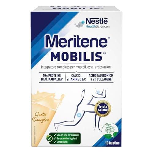 Meritene Mobilis Integratore completo per supportare la funzionalità di muscoli, ossa e articolazioni Gusto Vaniglia|10 bustine monodose da 20 g|con Calcio, Vitamina D e C, acido ialuronico, collagene