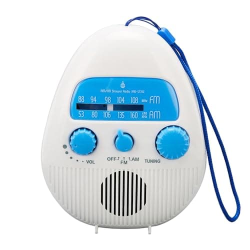 Sarini Radio FM Impermeabile per Bagno Senza Fili, Radio Portatile per Doccia AM FM, Altoparlante Incorporato, Radio Digitale alimentata a Batteria con Tracolla