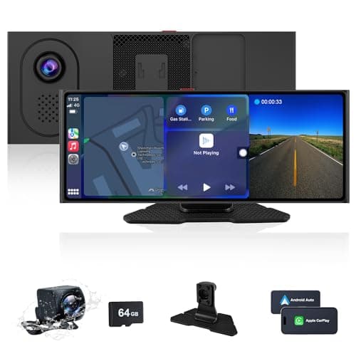 10.26" Schermo Wireless Carplay, Autoradio Portatile compatibile con A-pple Carplay & Android Auto, Autoradio con Dashcam 4K, Telecamera Posteriore AHD 1080P, Mirror Link, AUX/FM/BT, Scheda TF da 64G