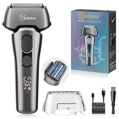 Hatteker Rasoio Elettrico a Lamina da Uomo Bagnato e Asciutto e Rasoio per Testa per Uomini Calvi con Regolabarba Pop-Up Trimmer Cordless Ricaricabile