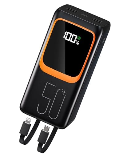 50000 mAh Power Bank con cavo integrato: batteria esterna a ricarica rapida da 22,5 W con grande capacità, caricabatterie portatile con torcia LED e 7 uscite e 3 ingressi-Nero MP3 6GB