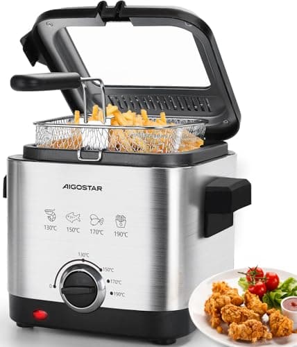 Aigostar Fries 30IZD - Friggitrice compatta da 1,5 L in acciaio inox, 1000 watt con finestra di visualizzazione, controllo temperatura, design esclusivo.