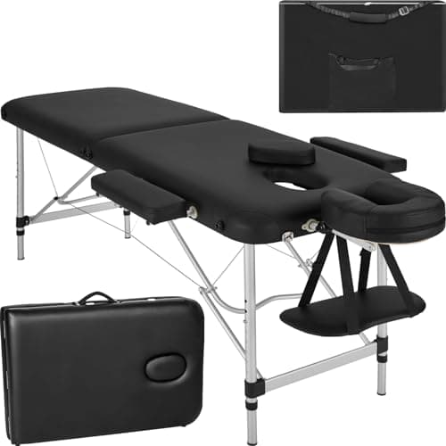 TecTake® Lettino Massaggio 2 Zone, Portatile, Regolabile, Imbottitura Comfort, Poggiatesta Multifunzione, con Borsa per Trasporto Inclusa, Capacità 230 kg - Nero