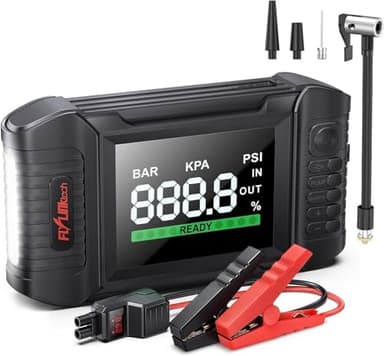 FLYLINKTECH Avviatore Emergenza per Auto, 20000mAh Booster Avviamento/Moto 5000A con Compressore 150PSI,12V Starter Batteria Auto (tutti i gas/10.0L Diesel) con Torcia, Display LCD, Ricarica USB