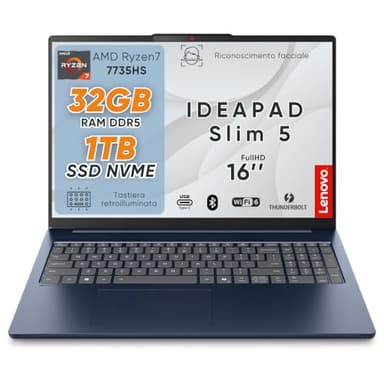 Lenovo Ideapad Slim5 Pc Portatile, Notebook Amd Ryzen7 7735HS, 32GB RAM DDR5, SSD 1TB (2 x 512Gb), Display 16" WUXGA IPS FHD+, Laptop Wi-Fi 6, Usb Thunderbolt, Tastiera Retroilluminata