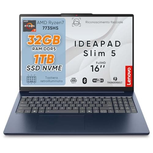 Lenovo Ideapad Slim5 Pc Portatile, Notebook Amd Ryzen7 7735HS, 32GB RAM DDR5, SSD 1TB (2 x 512Gb), Display 16" WUXGA IPS FHD+, Laptop Wi-Fi 6, Usb Thunderbolt, Tastiera Retroilluminata