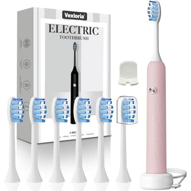 Vexloria Spazzolino Elettrico Sonico per Adulti e Bambini, Spazzolini Elettrici con 6 Testine, 5 Modalità e Timer, Impermeabile IPX7 Ultrasuoni Spazzolino Elettrico da Viaggio, Spazzolino Sonico, Rosa
