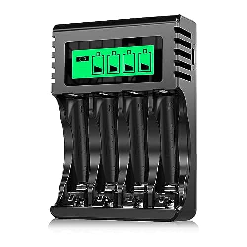 POWEROWL 4 Slot Caricabatterie Ricaricabili Stilo AA/Ministilo AAA, Indipendente Carica Batterie con LCD Display e Porta USB (con Cavo USB, Senza Adattatore)