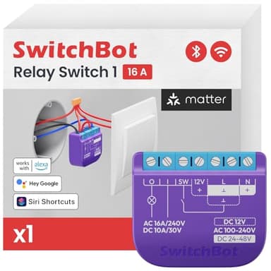 SwitchBot Smart Interruttore Relè 1, Modulo Relè Intelligente con Ripetitore Bluetooth Integrato, Interruptore Wi-Fi & Bluetooth Compatibile con Alexa/Apple HomeKit/Google Home/Matter, 2.4GHz 16A