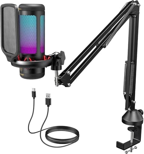TONOR Gaming Mic, Microfono USB per PC PS4/5 con Supporto per Braccio, Micro a Condensatore Cardioide con RGB e Luminosità Regolabili, Mute Rapido, Controllo del Guadagno, per Streaming, Gaming TC310+