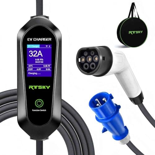 RTSKY Mobile Wallbox 7kW Cavo Ricarica Auto Elettrica CEE 32A su Tipo 2, Schuko Monofase 5M, 8-32A Caricatore Auto Elettrica con Display Digitale, EV Chargers per Auto Elettriche