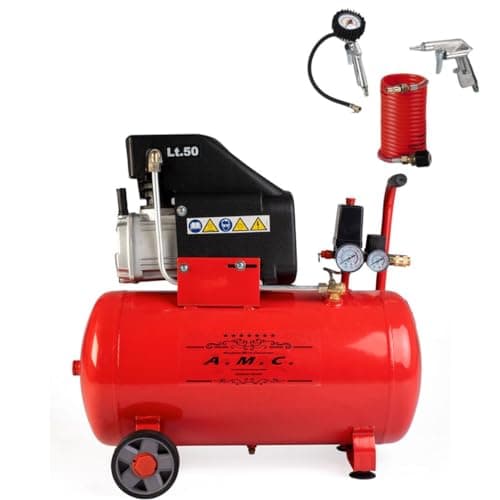 AMC Compressore ad aria da 50 litri pressione 8 bar elettrico coassiale 2 Hp incluso Kit Accessori salva spazio motore potente termicamente silenziato protetto con Carcassa esterna in alluminio