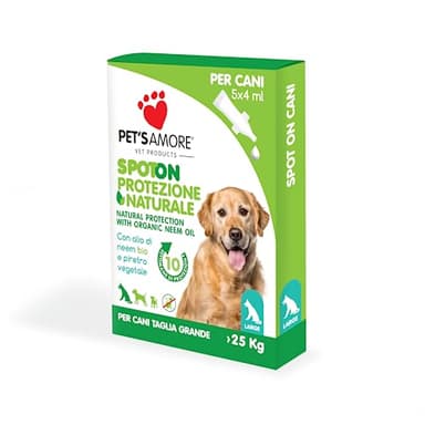 Pet's Amore - Protezione Naturale Spot On per Cane Grande, 5 Pipette, Repellente per Cani con Olio di Neem Biologico e piretro Vegetale