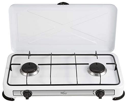 Melchioni Family | Fornello a Gas da Campeggio MINERVA 2 con 2 Fuochi, Fornelletto GPL Portatile con Coperchio, Griglia e Fuochi Removibili, Bianco