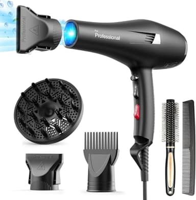 HappyGoo Phon Capelli Asciugacapelli professionale ionico, fono capelli con 1 diffusore, 2 ugelli per lo styling, 3 riscaldatori e 2 livelli di velocità (Nero Chiaro)